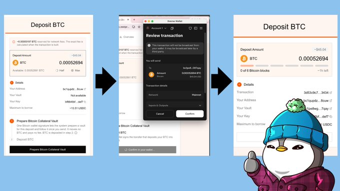 A three-step tutorial showing how to deposit BTC on Coinbase, with screenshots of the deposit page, transaction review on a wallet app, and confirmation, illustrated with a cartoon penguin mascot.