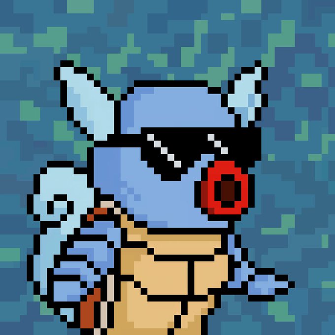 A pixel-art illustration of a blue character wearing black sunglasses with a red circular detail, set against a blue and green pixelated background.