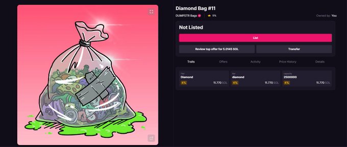 Screenshot of a DUSTPIRATE Bag NFT (#11) displayed in a digital marketplace interface, showing trade details and diamond/SOL currency values.