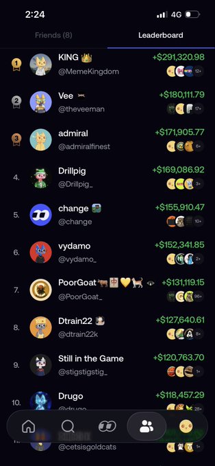 A mobile app leaderboard screenshot shows rankings from 1 to 10 with usernames like 'KING,' 'Vee,' and 'admiral' alongside earnings figures up to +$291,320.98.