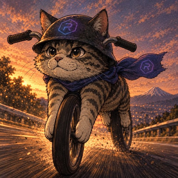 A digital illustration depicts a tabby kitten wearing a helmet with a blue 'R' logo, riding a motorcycle against a sunset backdrop with Mt. Fuji in the distance.
