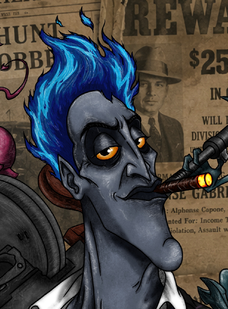 A stylized, cartoonish illustration of a blue-skinned character with wild blue hair and orange eyes smoking a cigar, set against a background of old wanted posters including one mentioning "Alphonse Capone" and "$25".