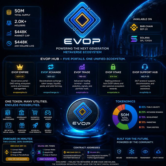 A promotional infographic for EVOP cryptocurrency, detailing 50M total supply, $448K market cap, and 24H volume, available on BNB Chain (BEP-20) and Solana (SPL Token) with features like Evop Empire, Evop Xchange, Evop Trade, Evop Stake, and Evop Support Hub.