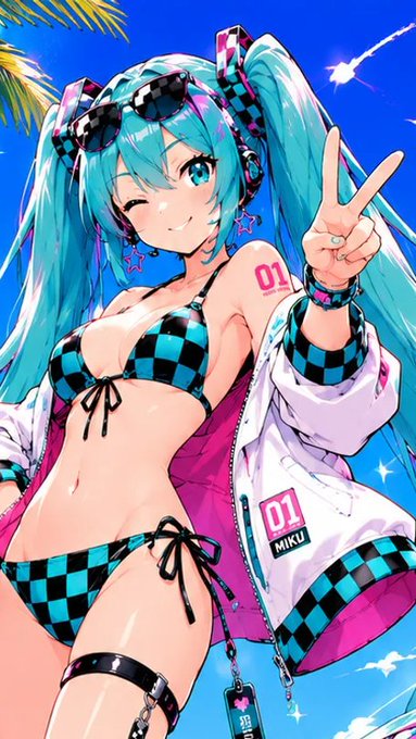 Anime-style illustration of a character with turquoise twin tails (labeled '01 MIKU') in a checkered bikini making a peace sign, with palm trees and blue sky in the background.