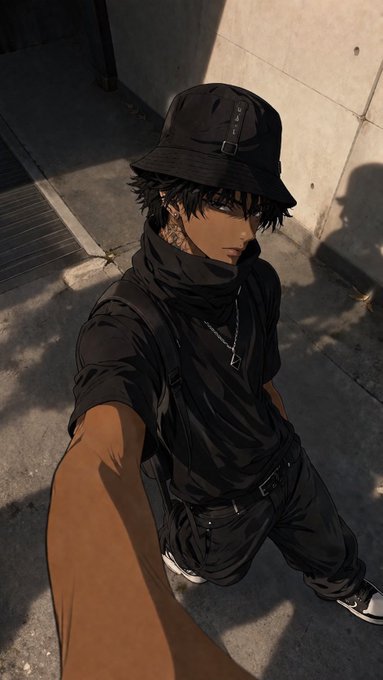 An animated illustration of a dark-skinned man wearing a black bucket hat and black outfit with a silver necklace, taking a selfie in an urban setting.