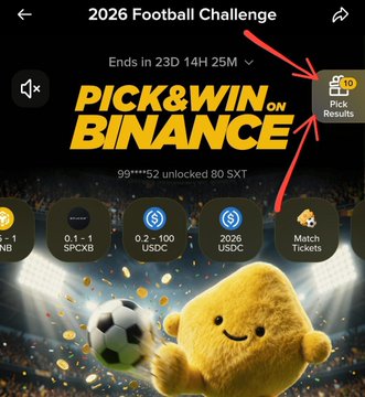 The image shows the "2026 Football Challenge" page on Binance's "Pick & Win" event, with red arrows highlighting the "Pick Results" button, and displays unlocked rewards including $2 and $3 USDC token vouchers matching the user's description of daily rewards.