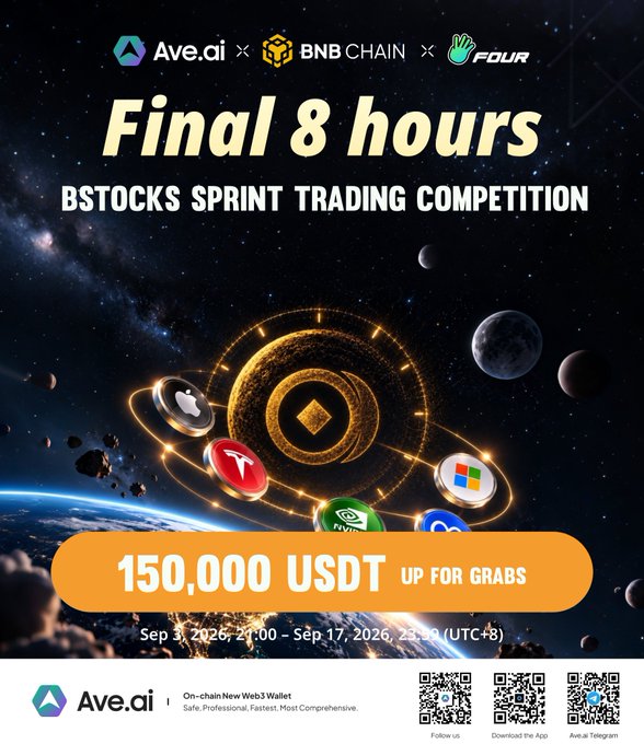 A promotional poster advertises a 'BSTOCKS SPRINT TRADING COMPETITION' by Ave.ai and BNB CHAIN, offering '150,000 USDT' with a 'Final 8 hours' banner and dates running from Sept 3 to Sept 17, 2026.