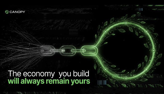 A Canopy advertisement features a glowing green chain breaking apart with the text 'The economy you build will always remain yours' against a dark, textured background.