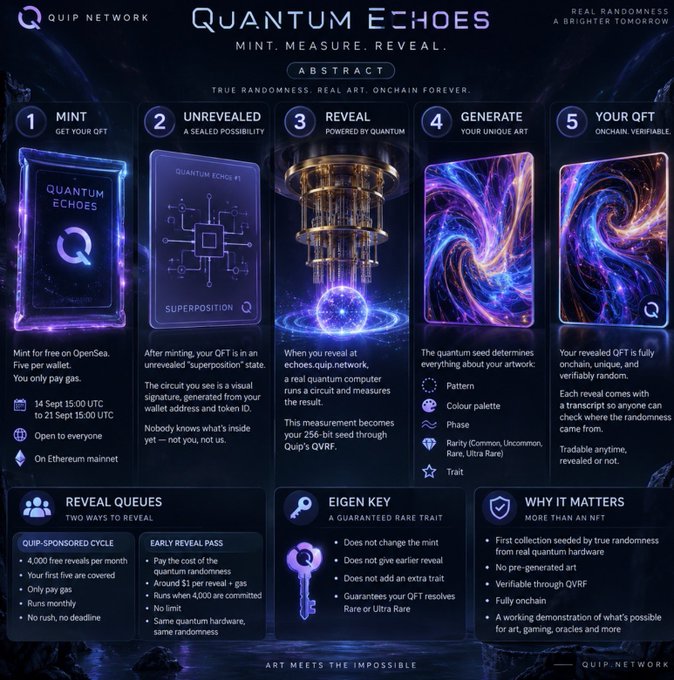 An infographic for 'Quantum Echoes' by Quip Network, detailing a 5-step NFT process: Mint, Unrevealed, Reveal, Generate, and Your QFT, with sections on Reveal Queues, Eigen Key, and Why It Matters.