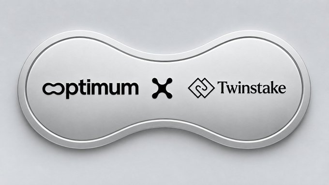 A silver metallic peanut-shaped emblem displaying a partnership between 'optimum' and 'Twinsake' with an X symbol between their logos.