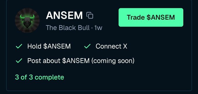 The image shows the "ANSEM" ($ANSEM) Bullpen eligibility dashboard with a "Trade $ANSEM" button, displaying "3 of 3 complete" for tasks including Hold $ANSEM, Connect X, and Post about $ANSEM (coming soon), tying into the post's announcement of over $7M distributed and the launch of this tracking tool for user rewards eligibility.