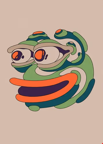 An abstract psychedelic illustration of a smiling face with swirling green, blue, orange, and beige shapes, rendered in a cartoonish style on a tan background.