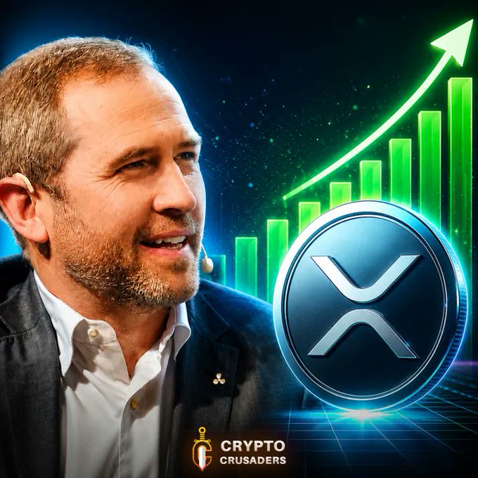 A promotional image for 'Crypto Crusaders' showing a man next to an XRP coin with green ascending bar charts and an upward arrow.