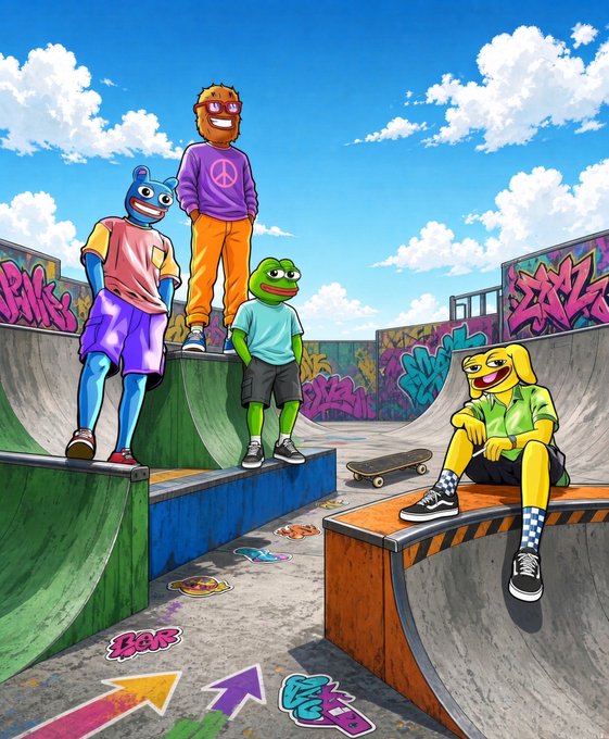 An anime-style illustration shows four cartoon characters—two frogs, a blue bear-like figure, and an orange-haired character in a purple peace-sign shirt—hanging out at a graffiti-covered skate park under a blue sky.