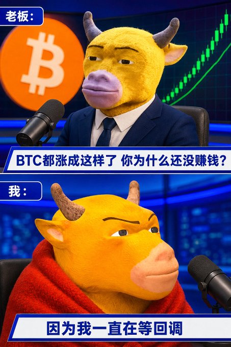A two-panel Chinese meme featuring a bull-headed character in a suit asking 'BTC都涨成这样了 你为什么还没赚钱?' (BTC has risen like this, why haven't you made money yet?), with the reply '因为我一直在等回调' (Because I've been waiting for a pullback), set against a Bitcoin logo and green price chart.