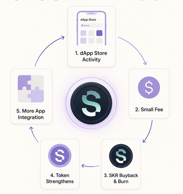 A circular diagram illustrates a five-step ecosystem loop centered around a dark "S" token: (1) dApp Store Activity, (2) Small Fee, (3) SKR Buyback & Burn, (4) Token Strengthens, and (5) More App Integration, with arrows showing the cyclical flow. The graphic supports the post's argument that despite real integrations driving activity, SKR is down ~85% from ATH because usage fees aren't being cycled back into buybacks and burns to strengthen the token.