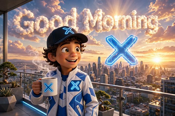 A 3D animated character wearing a cap and jacket with 'X' logos stands on a balcony with a city skyline view, holding a coffee mug next to a glowing 'X' and 'Good Morning' text in clouds.