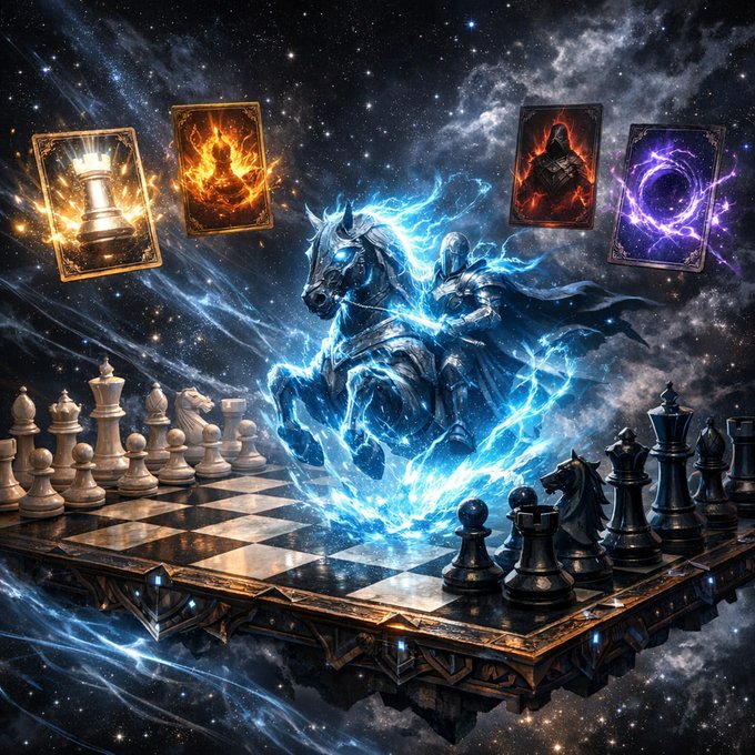 A fantasy digital artwork depicting an armored knight riding a glowing blue spectral horse across a cosmic chessboard, with four floating cards (a rook, fire figure, dark knight, and purple vortex) above and white and black chess pieces lined up on either side.