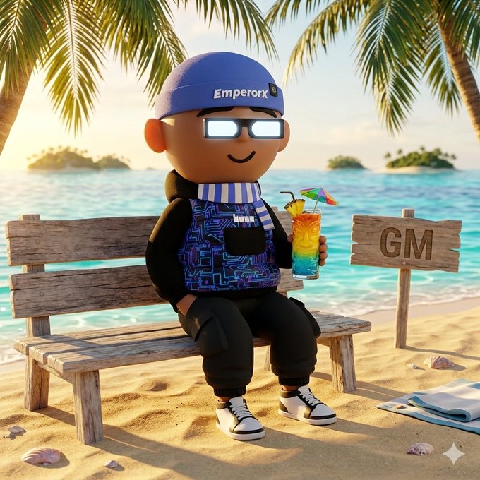 A 3D cartoon character wearing an 'Emperorx' cap and glowing glasses sits on a beach bench holding a tropical drink next to a 'GM' sign.