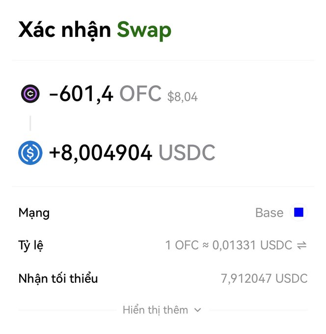 Vietnamese-language cryptocurrency swap confirmation screen showing an exchange of -601.4 OFC ($8.04) for +8.004904 USDC on the Base network.