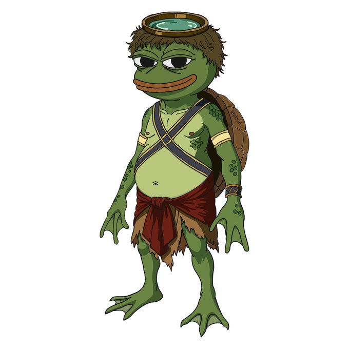 A cartoon illustration of a frog-like humanoid character with green skin, wearing a turtle shell on its back, a brown loincloth, a sash across its chest, and a small bowl or crown on its head.