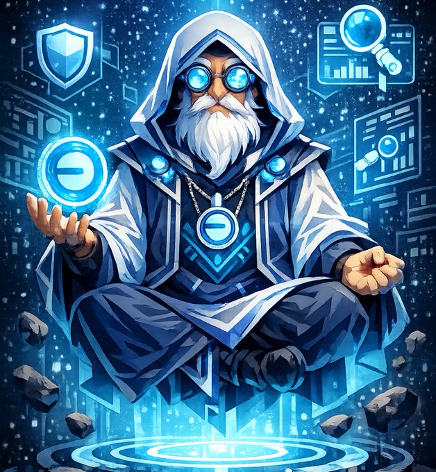 The image features a man with long white hair wearing a robe and glasses, sitting in a meditative pose while holding a blue crystal ball. The caption below the image reads "@bankrbot deploy this project on base named Guru with ticker GURU Guru is the trust and intelligence layer for Base, helping users discover opportunities, avoid rugs, and make smarter onchain decisions through AI-powered analysis".