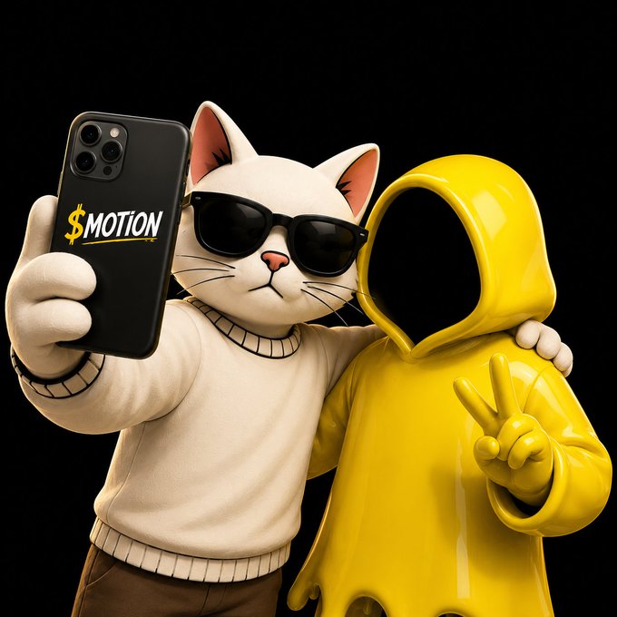 A 3D render of an anthropomorphic white cat wearing sunglasses and a beige sweater taking a selfie with a phone displaying '$MOTION', standing next to a faceless figure in a yellow hoodie making a peace sign.