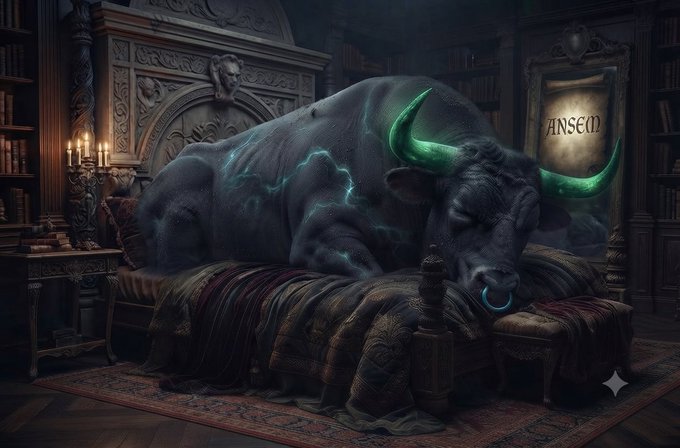 A massive, muscular bull with glowing cyan horns and runes etched into its dark hide rests on a bed in a gothic library, with a framed document labeled "ANSGED" nearby.