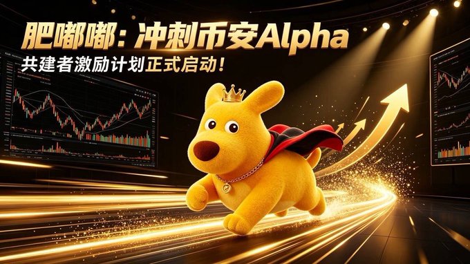 A promotional banner featuring a 3D-rendered yellow dog character wearing a crown and cape, running forward against a backdrop of stock market charts and gold light trails, with Chinese text and 'Alpha'.