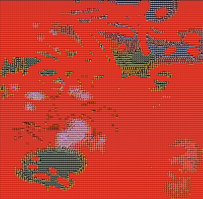 A pixelated red landscape dotted with floating islands, ships, and creatures rendered in classic 8-bit sprite style, evoking a retro video game world that fits the ghostly, digital-art aesthetic of the linked networked.art NFT collection.