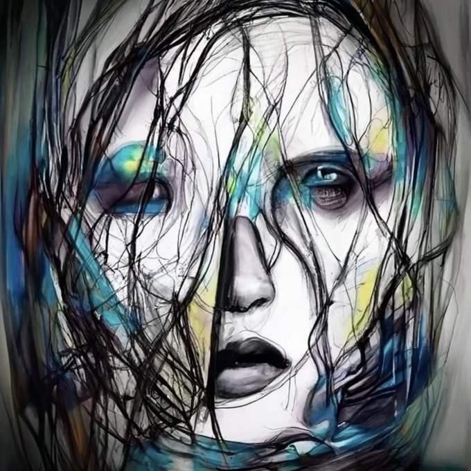 An expressive, sketchy portrait of a woman's face drawn with chaotic, dark lines and accented with splashes of blue, green, and yellow watercolor.