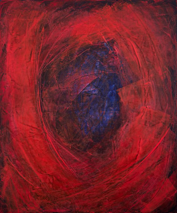 Abstract painting dominated by deep red brushstrokes swirling around a central blue-black oval form.