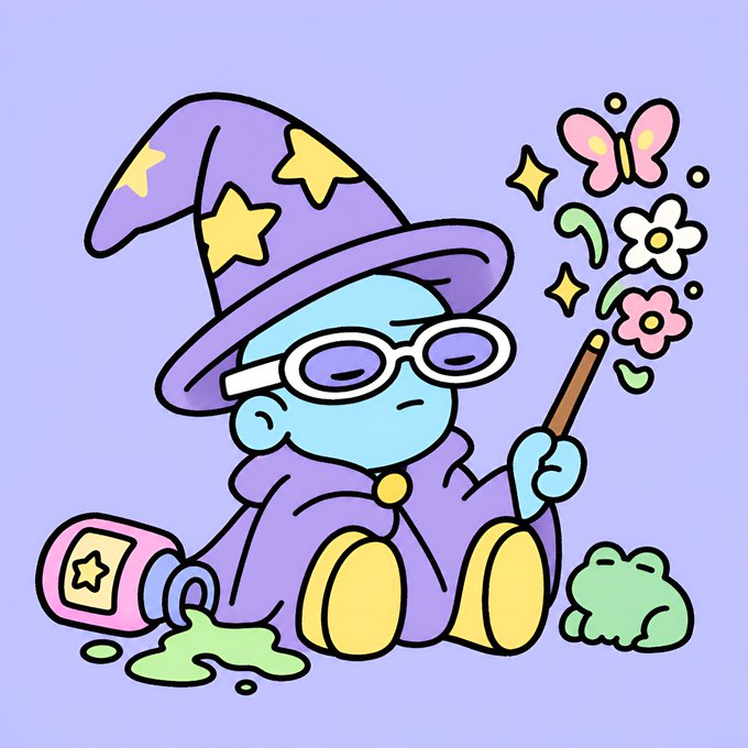 A cartoon illustration features a small blue-skinned wizard character wearing a purple star-patterned hat and round glasses, casting a spell that conjures a pink butterfly and flowers, sitting next to a spilled green potion and a frog.