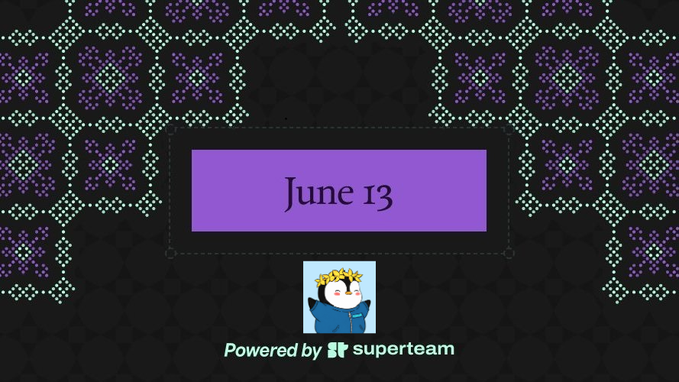 The image features a poster with purple and green designs that says "June 13" at the top of the poster. The poster also includes a small penguin icon next to the text. Below this, there's a caption that reads "I'M SO Proud TO Attend THE SOLANA SUMMIT IN GERMANY! Thank you so much @SuperteamDE for the opportunity Leon is ready to rizz some German girls, who will be there? June 13". The poster appears to be related to an event or gathering taking place in Germany.
