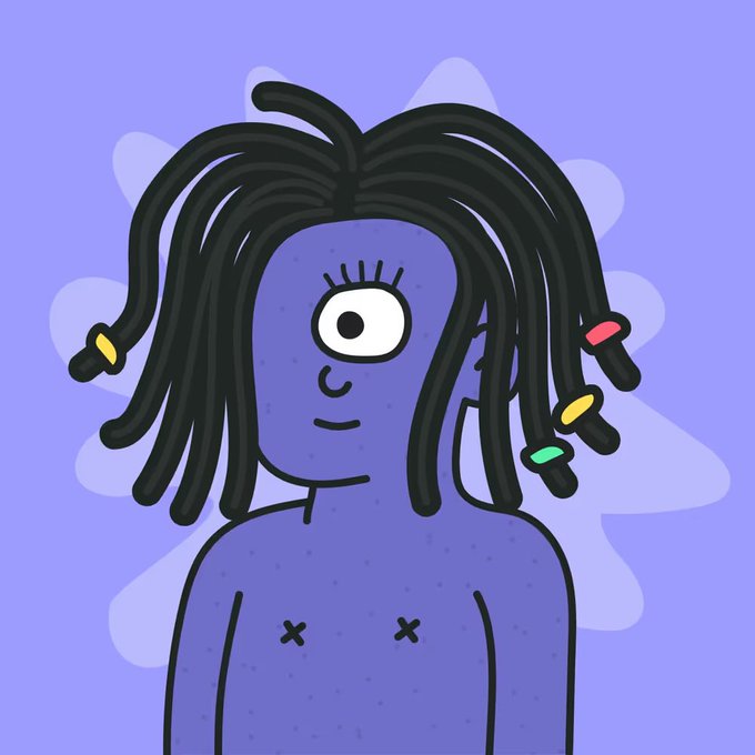 A cartoon illustration of a purple cyclops character with long black dreadlocks tied with colorful beads, featuring small 'x' marks on the chest, against a light purple background.