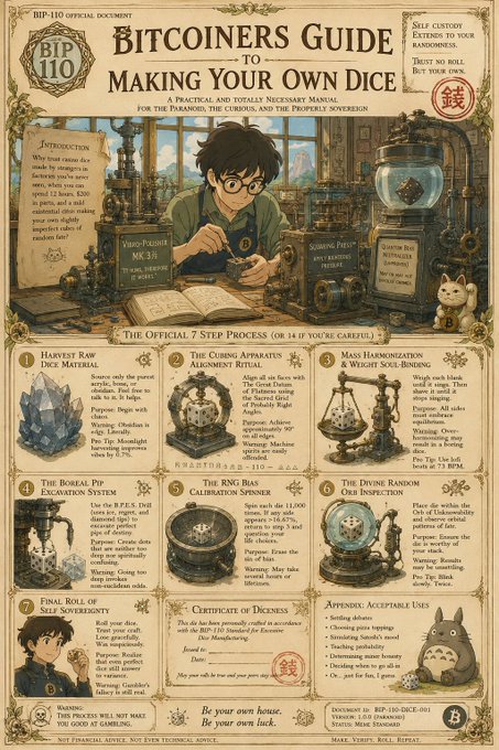 A decorative 'Bitcoiners Guide to Making Your Own Dice' document styled like a Studio Ghibli poster, detailing a 7-step process for creating dice for the Pkrandom, the curious, and the properly sovereign.