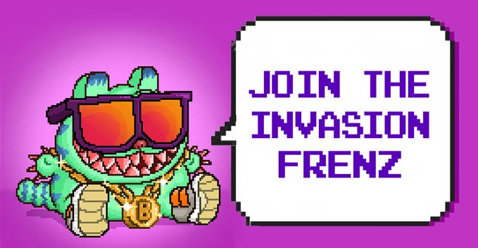 A pixel-art green monster wearing sunglasses and a Bitcoin medallion speaks through a speech bubble reading "JOIN THE INVASION FRENZY" against a purple background, fitting the "Big Week, Big Stats" theme by promoting an energetic crypto-related community push.