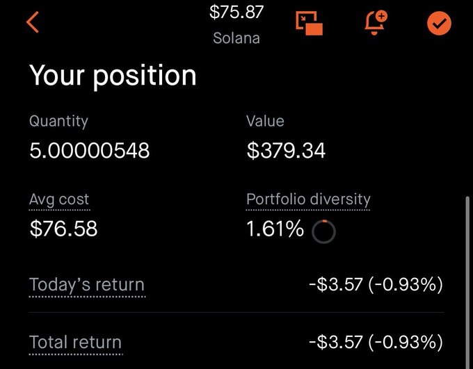 A mobile crypto portfolio screen showing a Solana (SOL) position with a quantity of 5.00000548 valued at $379.34, reflecting a total return of -$3.57 (-0.93%).