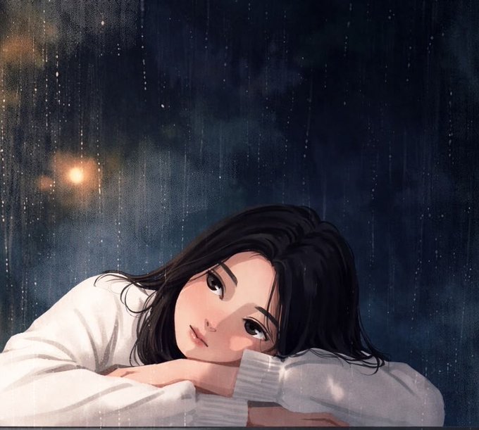 An anime-style illustration depicts a young woman with dark hair resting her head on her arms against a rainy, starry night sky.