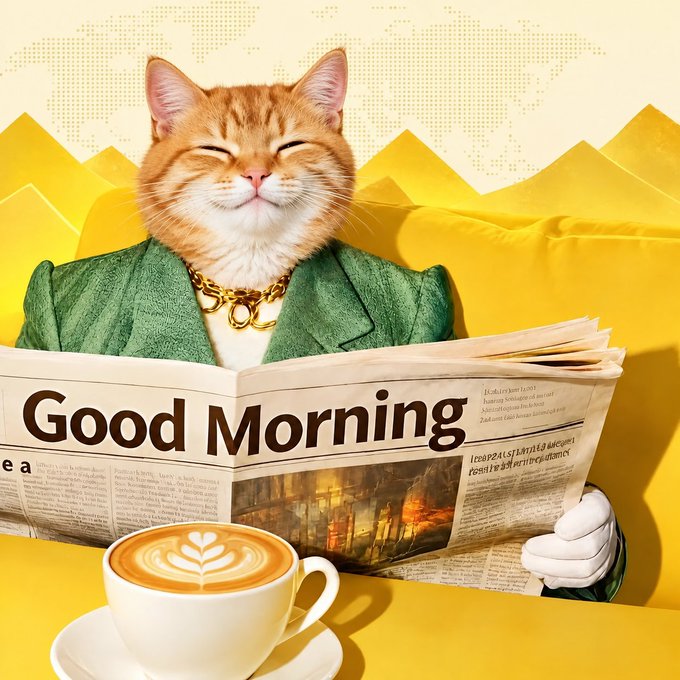 A whimsical illustration of an orange cat in a green suit and gold chain reading a 'Good Morning' newspaper beside a latte.