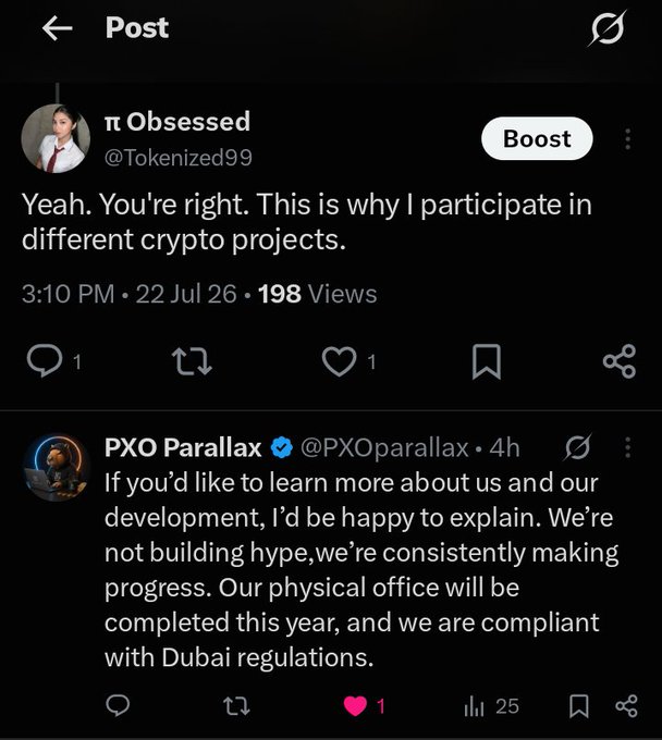 The image shows a Twitter/X post exchange where user @Tokenized99 (π Obsessed) responds "Yeah. You're right. This is why I participate in different crypto projects," followed by a reply from verified account @PXOparallax explaining their development progress, mentioning a physical office completion, and Dubai regulations compliance. The exchange relates to the accompanying post's skepticism about #ParallaxNetwork's transparency, with PXO Parallax addressing concerns about building credibility rather than hype.