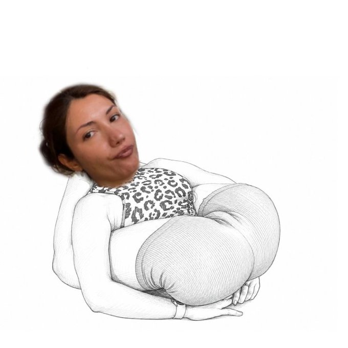 A surreal black and white sketch featuring a woman's face attached to an exaggerated body with massive breasts and hips, wearing a leopard print top.