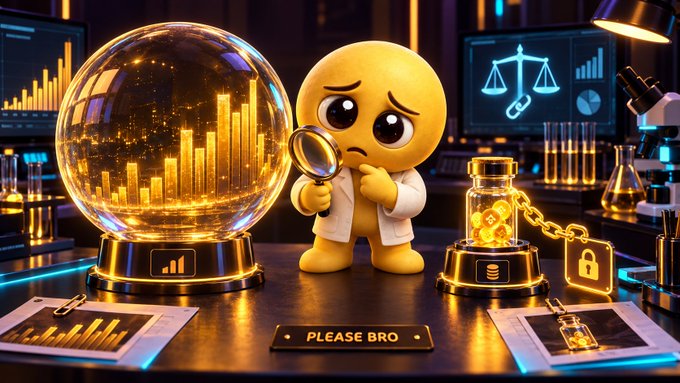 A 3D-rendered sad yellow emoji character wearing a white lab coat holds a magnifying glass, standing next to a glowing crystal ball displaying financial charts and a chained glass jar of gold coins, with a nameplate reading 'PLEASE BRO'.