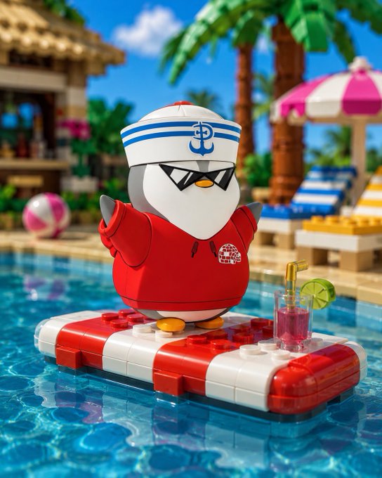 A 3D-rendered penguin character wearing a red hoodie, sunglasses, and a white sailor hat with blue stripes, standing on a red and white life raft in a pool with a tropical beach scene including palm trees and umbrellas in the background.