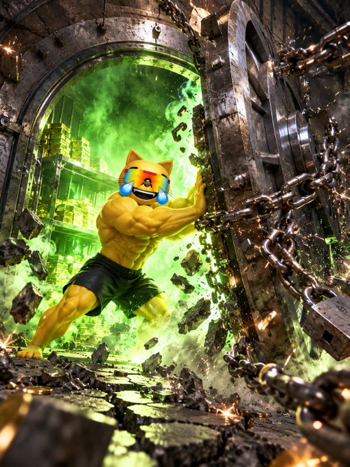 A digital artwork of a muscular yellow cat character with a cartoonish face, wearing green shorts, bursting through a metal door with green energy and sparks flying.