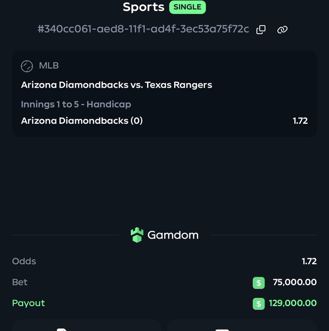 A Gamdom sports betting slip for an MLB Innings 1 to 5 Handicap on the Arizona Diamondbacks (0) vs. Texas Rangers at 1.72 odds, with a $75,000.00 bet yielding a $129,000.00 payout. The image corresponds to the user's post highlighting their second bet of the day placed on Gamdom.