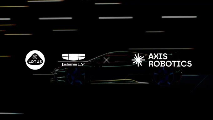 A promotional banner announcing a collaboration between Lotus and Geely with Axis Robotics, featuring a dark car silhouette on a black background with motion blur effects.