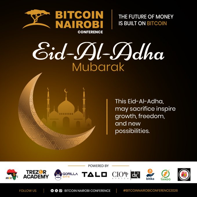 The image features a large crescent moon with a mosque on top of it, surrounded by various logos for Bitcoin Nairobi Conference and other organizations. The text "Eid-al-Adha" is written above the crescent moon, which translates to "Festival of Sacrifice". The post also mentions that this festival may be celebrated in the future, as evidenced by the hashtag #bitcoinnairobi.