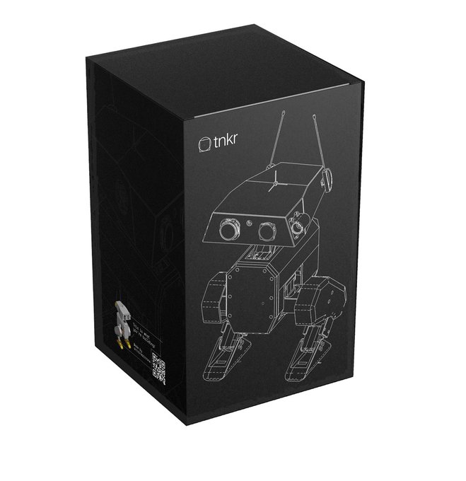 A black rectangular product box for 'tnkr' featuring a technical line drawing of a small bipedal robot with antennas on its packaging.