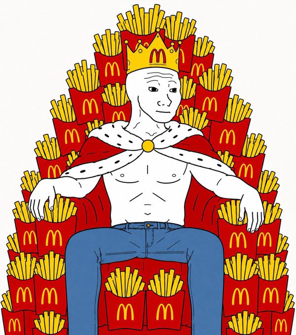 A cartoon illustration of a Wojak-style character wearing a crown and red cape, sitting on a throne made of McDonald's french fry boxes.